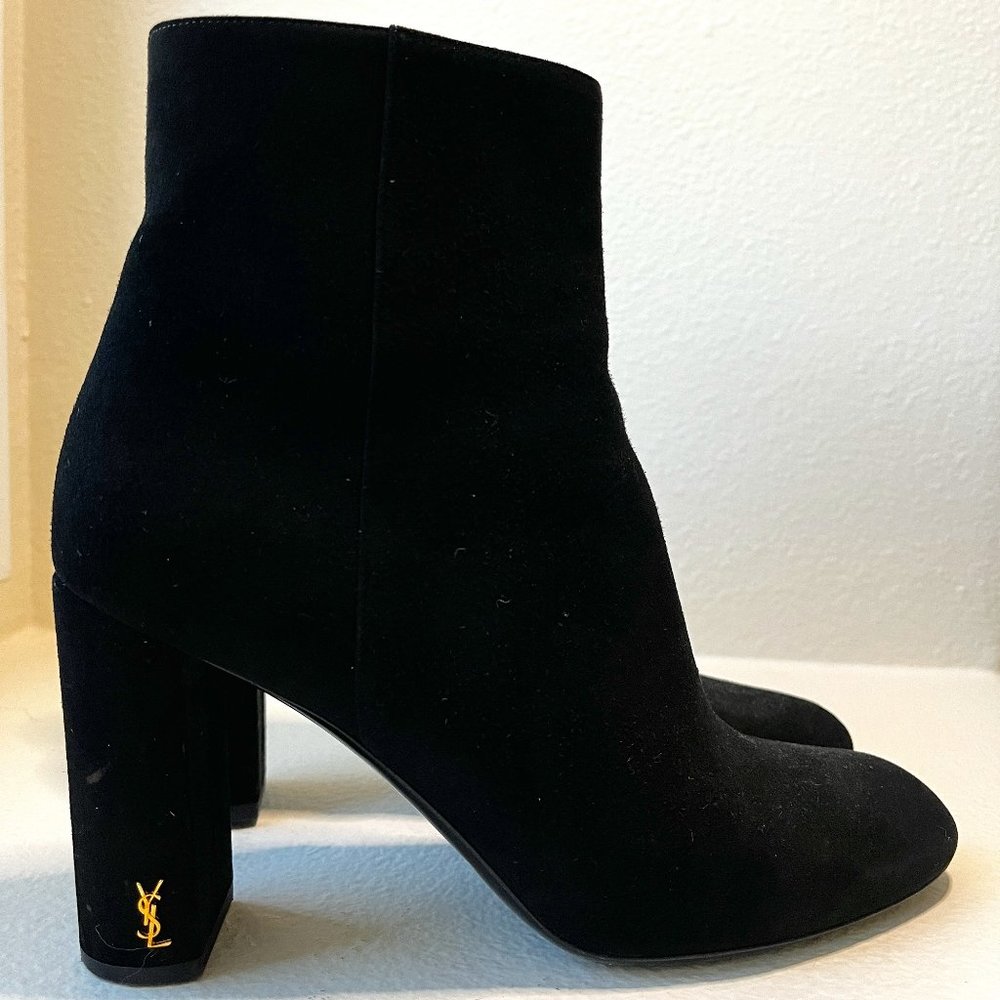 YVES SAINT Black Suede Loulou Zipped Logo Ankle Heeled Boots